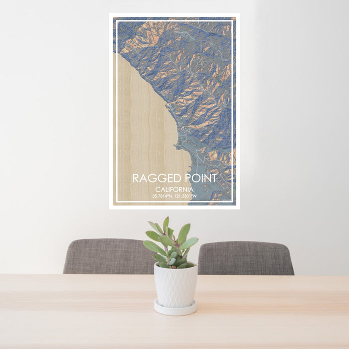 24x36 Ragged Point California Map Print Portrait Orientation in Afternoon Style Behind 2 Chairs Table and Potted Plant