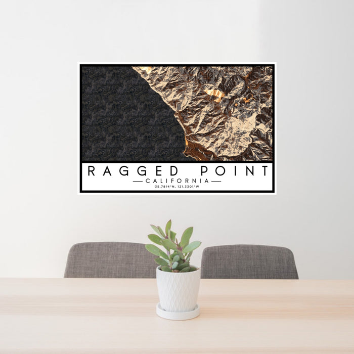 24x36 Ragged Point California Map Print Lanscape Orientation in Ember Style Behind 2 Chairs Table and Potted Plant