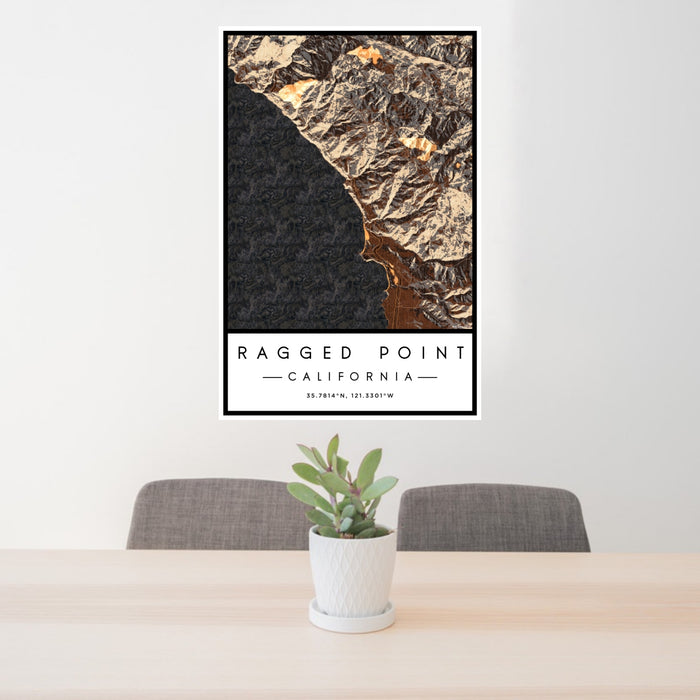 24x36 Ragged Point California Map Print Portrait Orientation in Ember Style Behind 2 Chairs Table and Potted Plant