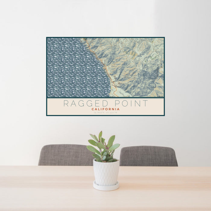 24x36 Ragged Point California Map Print Lanscape Orientation in Woodblock Style Behind 2 Chairs Table and Potted Plant