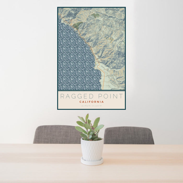 24x36 Ragged Point California Map Print Portrait Orientation in Woodblock Style Behind 2 Chairs Table and Potted Plant