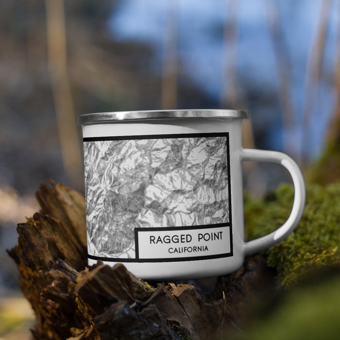 Right View Custom Ragged Point California Map Enamel Mug in Classic on Grass With Trees in Background