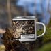 Right View Custom Ragged Point California Map Enamel Mug in Ember on Grass With Trees in Background