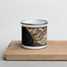 Front View Custom Ragged Point California Map Enamel Mug in Ember on Cutting Board