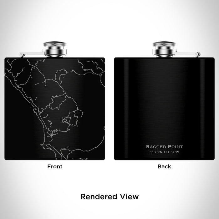 Rendered View of Ragged Point California Map Engraving on 6oz Stainless Steel Flask in Black