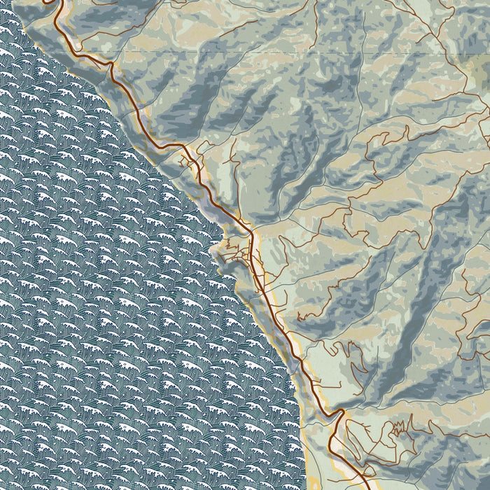 Ragged Point California Map Print in Woodblock Style Zoomed In Close Up Showing Details