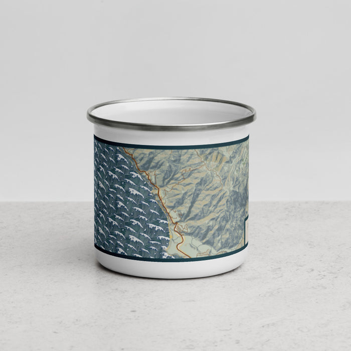 Front View Custom Ragged Point California Map Enamel Mug in Woodblock