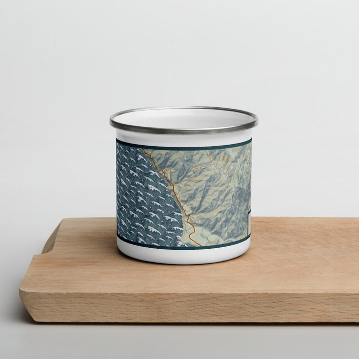 Front View Custom Ragged Point California Map Enamel Mug in Woodblock on Cutting Board
