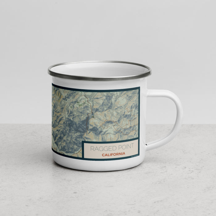 Right View Custom Ragged Point California Map Enamel Mug in Woodblock
