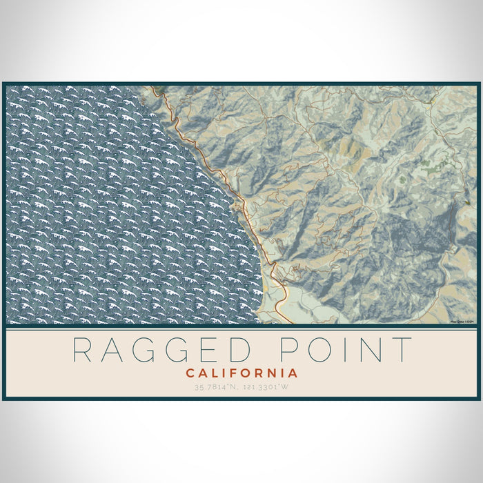 Ragged Point California Map Print Landscape Orientation in Woodblock Style With Shaded Background