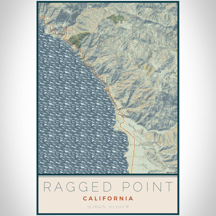 Ragged Point California Map Print Portrait Orientation in Woodblock Style With Shaded Background