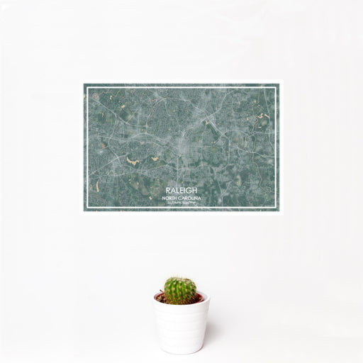 12x18 Raleigh North Carolina Map Print Landscape Orientation in Afternoon Style With Small Cactus Plant in White Planter