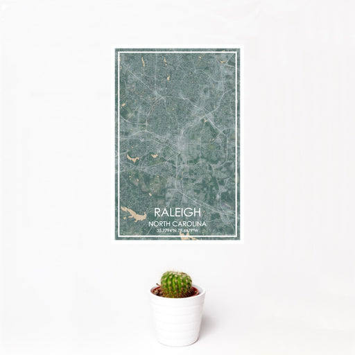 12x18 Raleigh North Carolina Map Print Portrait Orientation in Afternoon Style With Small Cactus Plant in White Planter
