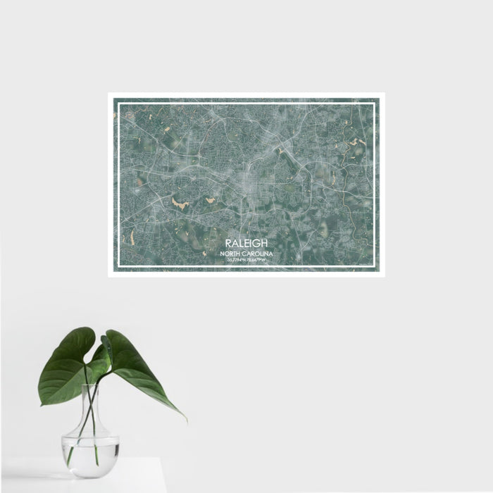 16x24 Raleigh North Carolina Map Print Landscape Orientation in Afternoon Style With Tropical Plant Leaves in Water