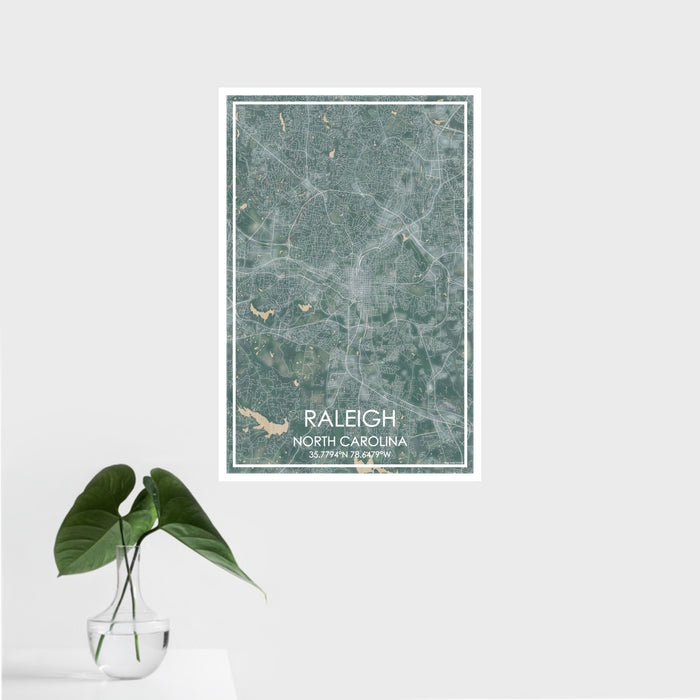 16x24 Raleigh North Carolina Map Print Portrait Orientation in Afternoon Style With Tropical Plant Leaves in Water