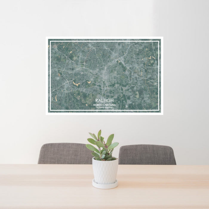 24x36 Raleigh North Carolina Map Print Lanscape Orientation in Afternoon Style Behind 2 Chairs Table and Potted Plant