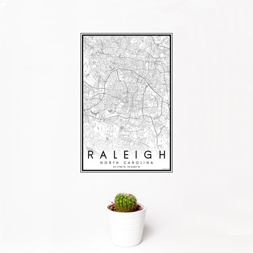12x18 Raleigh North Carolina Map Print Portrait Orientation in Classic Style With Small Cactus Plant in White Planter