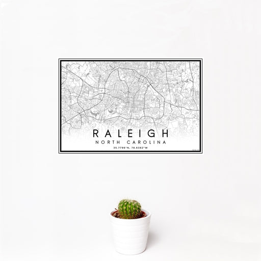 12x18 Raleigh North Carolina Map Print Landscape Orientation in Classic Style With Small Cactus Plant in White Planter