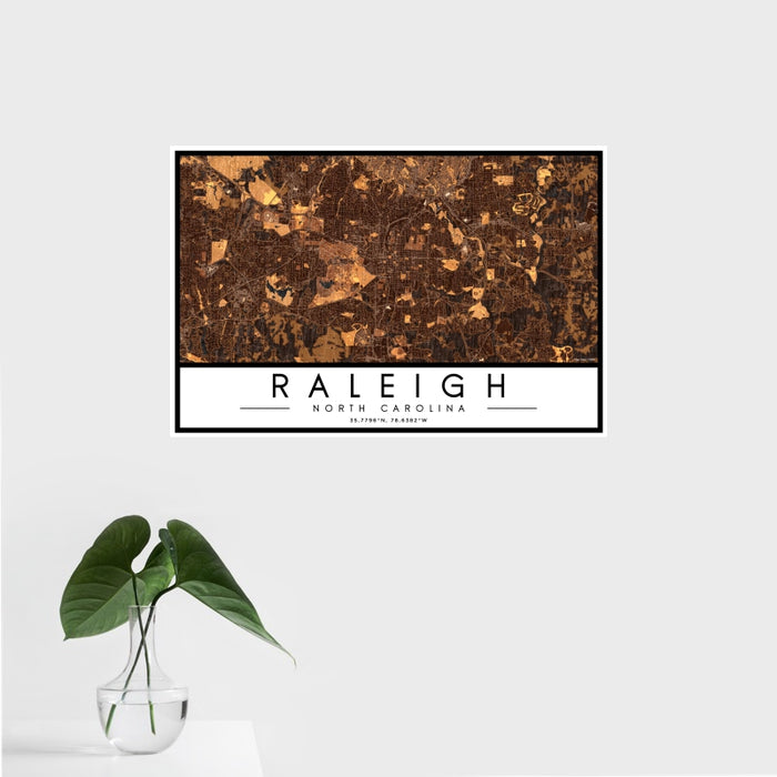 16x24 Raleigh North Carolina Map Print Landscape Orientation in Ember Style With Tropical Plant Leaves in Water