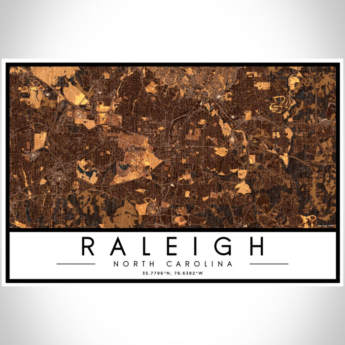 Raleigh North Carolina Map Print Landscape Orientation in Ember Style With Shaded Background