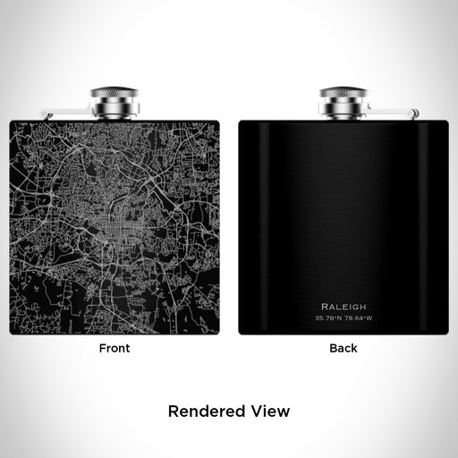 Rendered View of Raleigh North Carolina Map Engraving on 6oz Stainless Steel Flask in Black