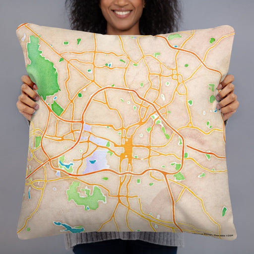 Person holding 22x22 Custom Raleigh North Carolina Map Throw Pillow in Watercolor
