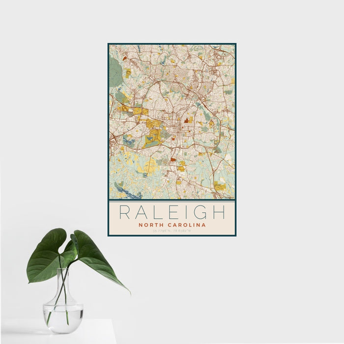 16x24 Raleigh North Carolina Map Print Portrait Orientation in Woodblock Style With Tropical Plant Leaves in Water