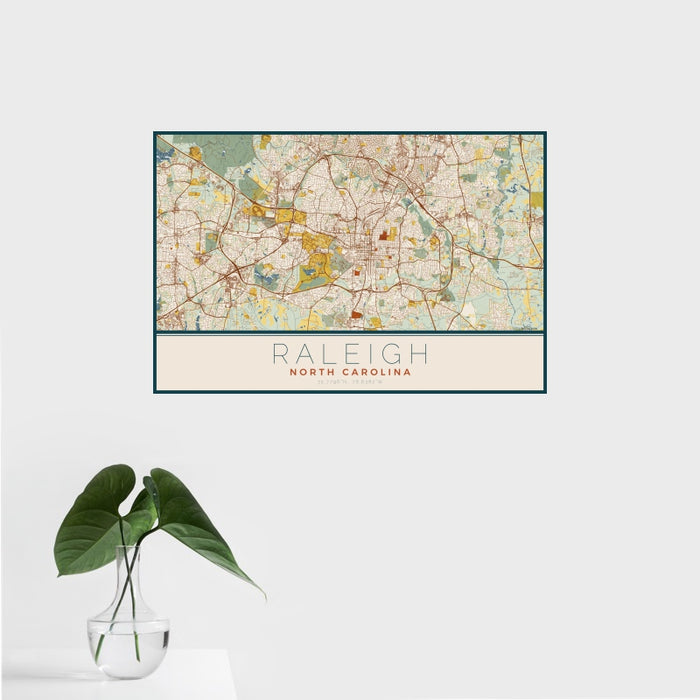 16x24 Raleigh North Carolina Map Print Landscape Orientation in Woodblock Style With Tropical Plant Leaves in Water