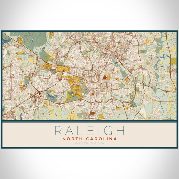 Raleigh North Carolina Map Print Landscape Orientation in Woodblock Style With Shaded Background