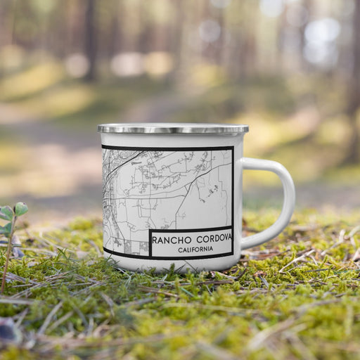 Right View Custom Rancho Cordova California Map Enamel Mug in Classic on Grass With Trees in Background