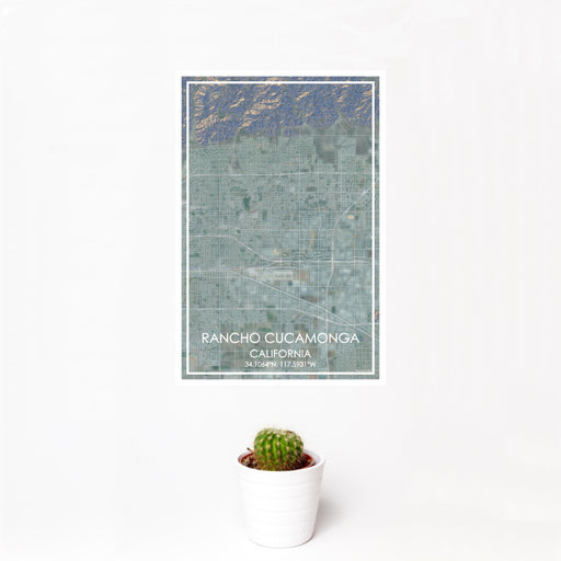 12x18 Rancho Cucamonga California Map Print Portrait Orientation in Afternoon Style With Small Cactus Plant in White Planter