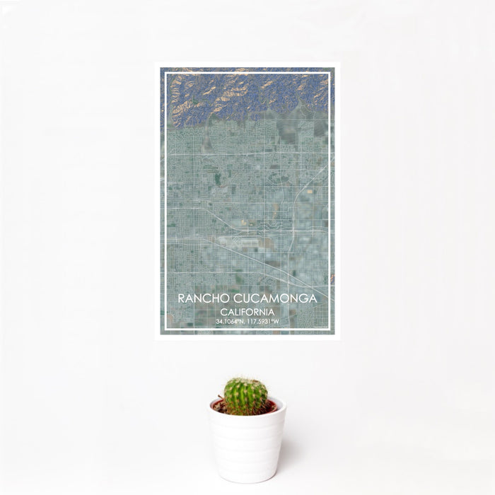 12x18 Rancho Cucamonga California Map Print Portrait Orientation in Afternoon Style With Small Cactus Plant in White Planter