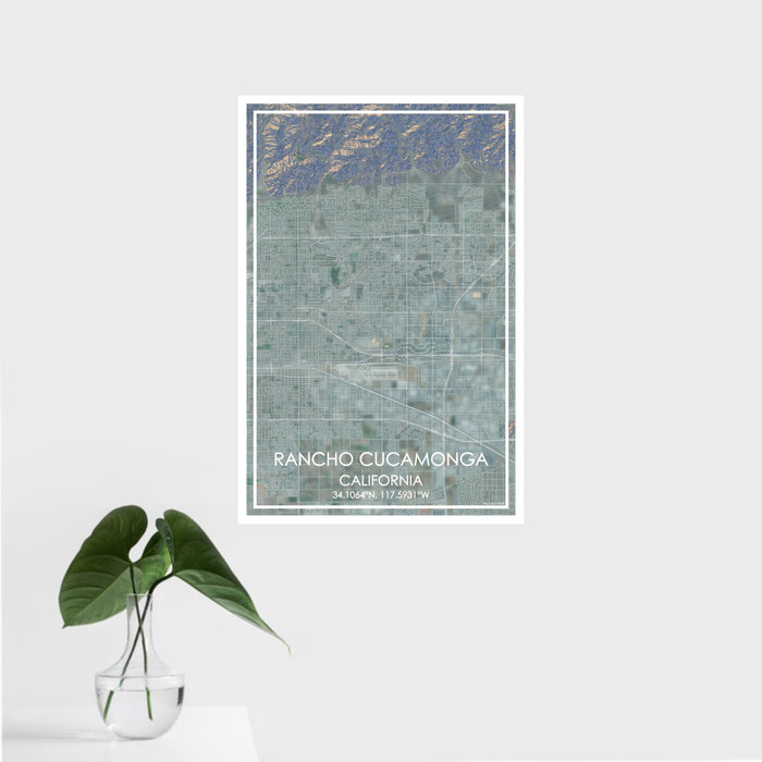 16x24 Rancho Cucamonga California Map Print Portrait Orientation in Afternoon Style With Tropical Plant Leaves in Water