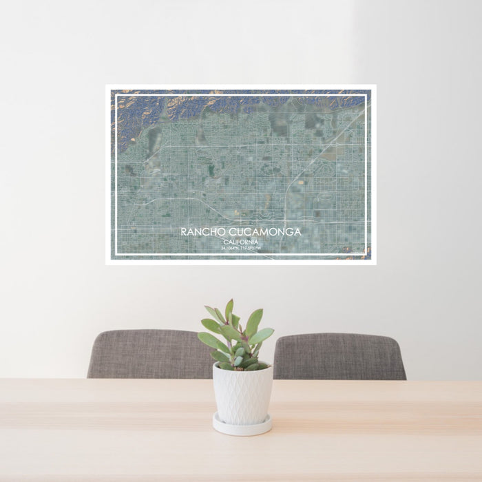 24x36 Rancho Cucamonga California Map Print Lanscape Orientation in Afternoon Style Behind 2 Chairs Table and Potted Plant