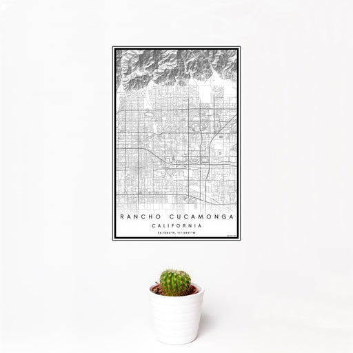 12x18 Rancho Cucamonga California Map Print Portrait Orientation in Classic Style With Small Cactus Plant in White Planter