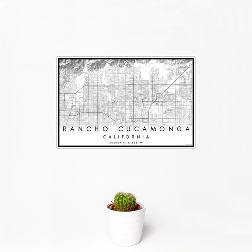 12x18 Rancho Cucamonga California Map Print Landscape Orientation in Classic Style With Small Cactus Plant in White Planter