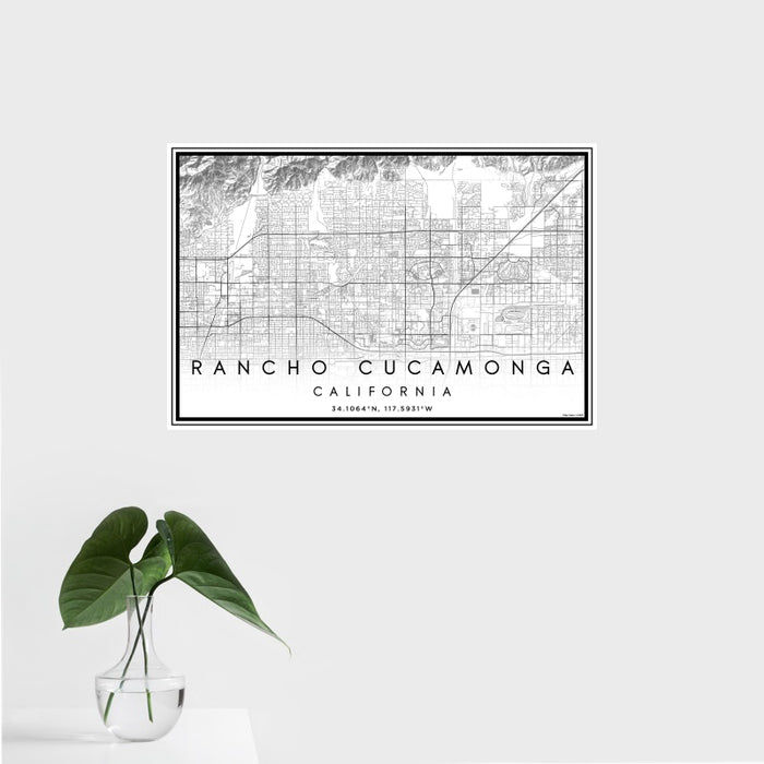16x24 Rancho Cucamonga California Map Print Landscape Orientation in Classic Style With Tropical Plant Leaves in Water