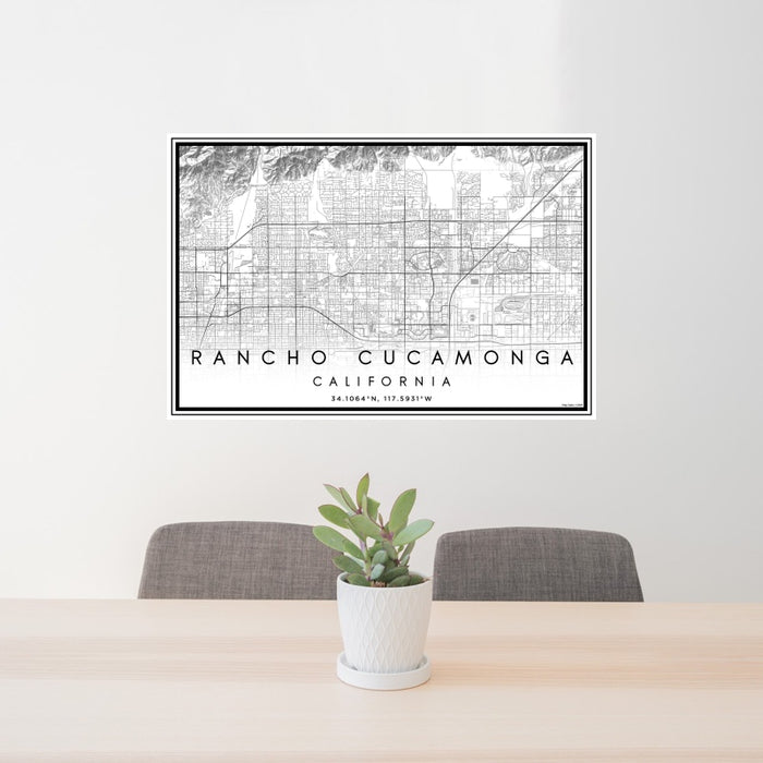 24x36 Rancho Cucamonga California Map Print Landscape Orientation in Classic Style Behind 2 Chairs Table and Potted Plant
