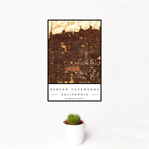 12x18 Rancho Cucamonga California Map Print Portrait Orientation in Ember Style With Small Cactus Plant in White Planter