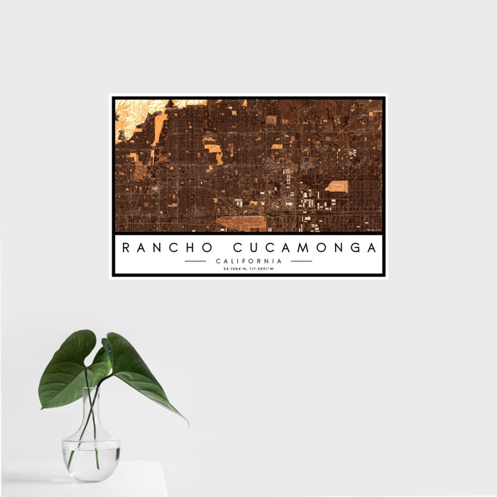16x24 Rancho Cucamonga California Map Print Landscape Orientation in Ember Style With Tropical Plant Leaves in Water