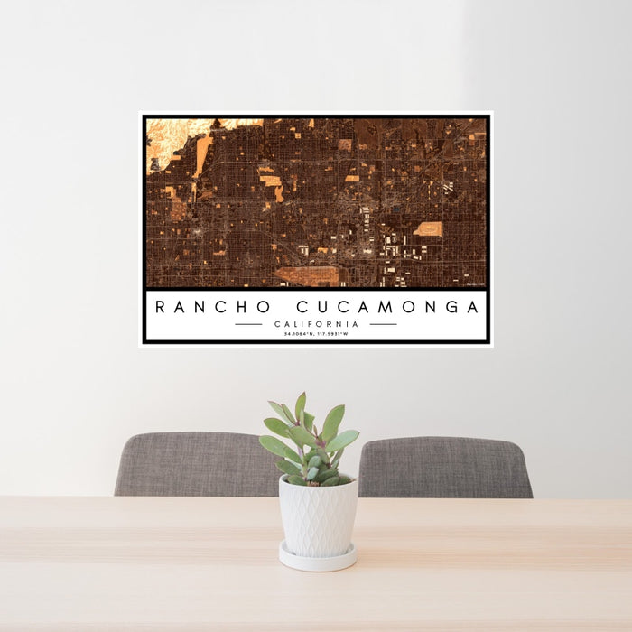 24x36 Rancho Cucamonga California Map Print Landscape Orientation in Ember Style Behind 2 Chairs Table and Potted Plant