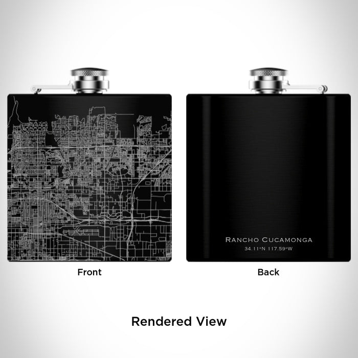 Rendered View of Rancho Cucamonga California Map Engraving on 6oz Stainless Steel Flask in Black