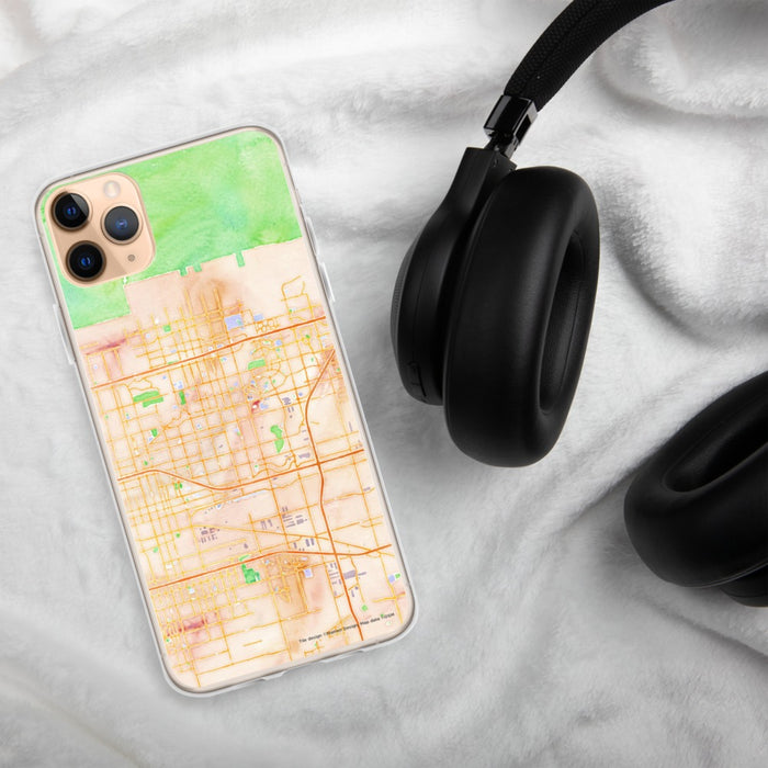 Custom Rancho Cucamonga California Map Phone Case in Watercolor on Table with Black Headphones