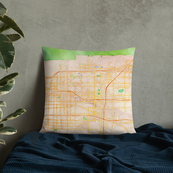 Custom Rancho Cucamonga California Map Throw Pillow in Watercolor on Bedding Against Wall