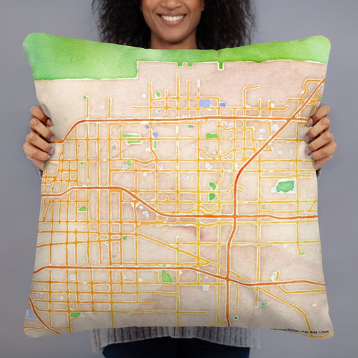 Person holding 22x22 Custom Rancho Cucamonga California Map Throw Pillow in Watercolor