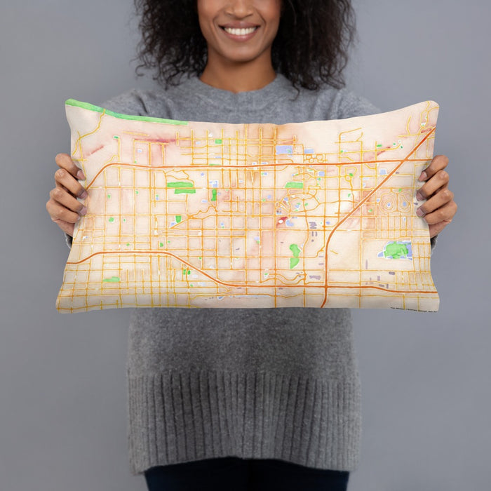 Person holding 20x12 Custom Rancho Cucamonga California Map Throw Pillow in Watercolor