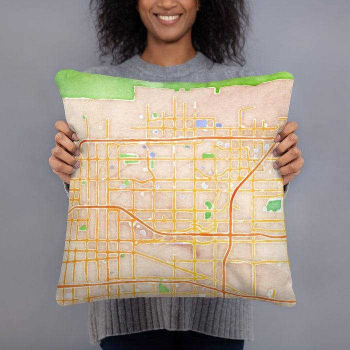 Person holding 18x18 Custom Rancho Cucamonga California Map Throw Pillow in Watercolor