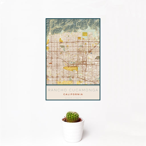 12x18 Rancho Cucamonga California Map Print Portrait Orientation in Woodblock Style With Small Cactus Plant in White Planter
