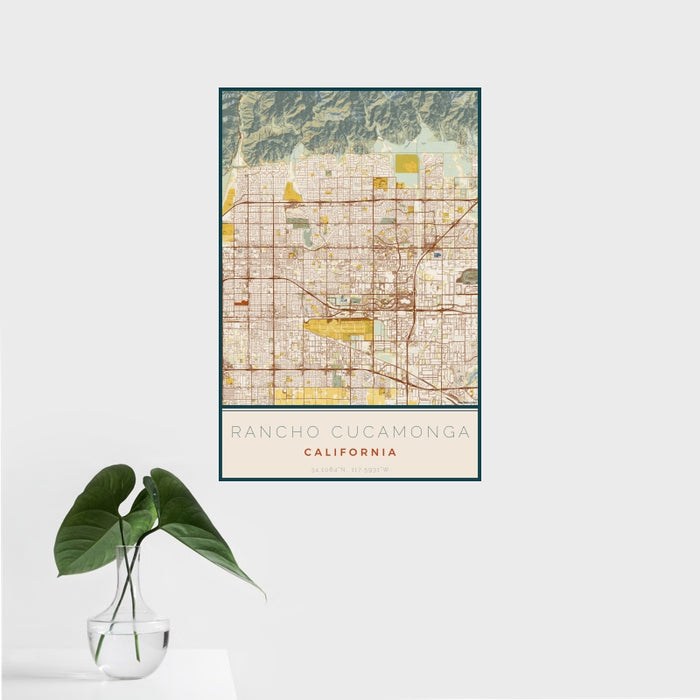 16x24 Rancho Cucamonga California Map Print Portrait Orientation in Woodblock Style With Tropical Plant Leaves in Water