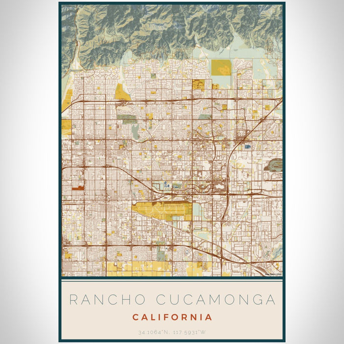 Rancho Cucamonga California Map Print Portrait Orientation in Woodblock Style With Shaded Background